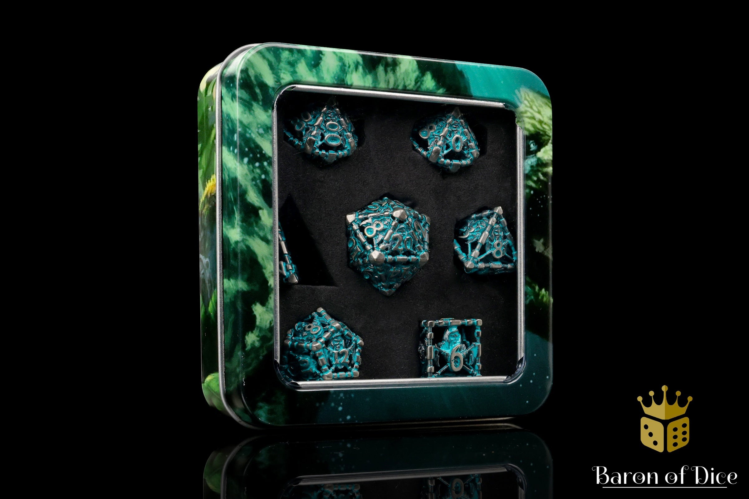 Grim Reaper Teal Glow Metal RPG Dice Set - 7 Pieces - Image 4